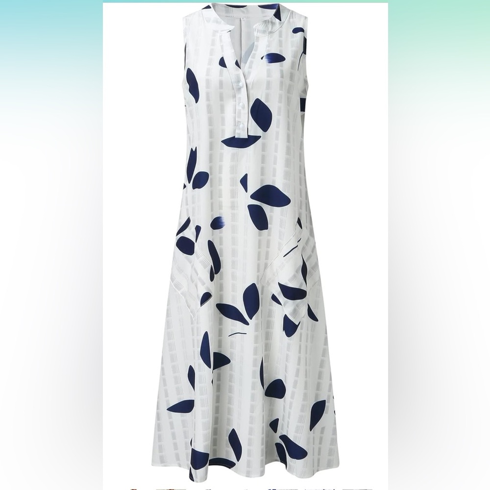 Casual Sleeveless Sundress White and Navy Leaf Print with Pockets Size S